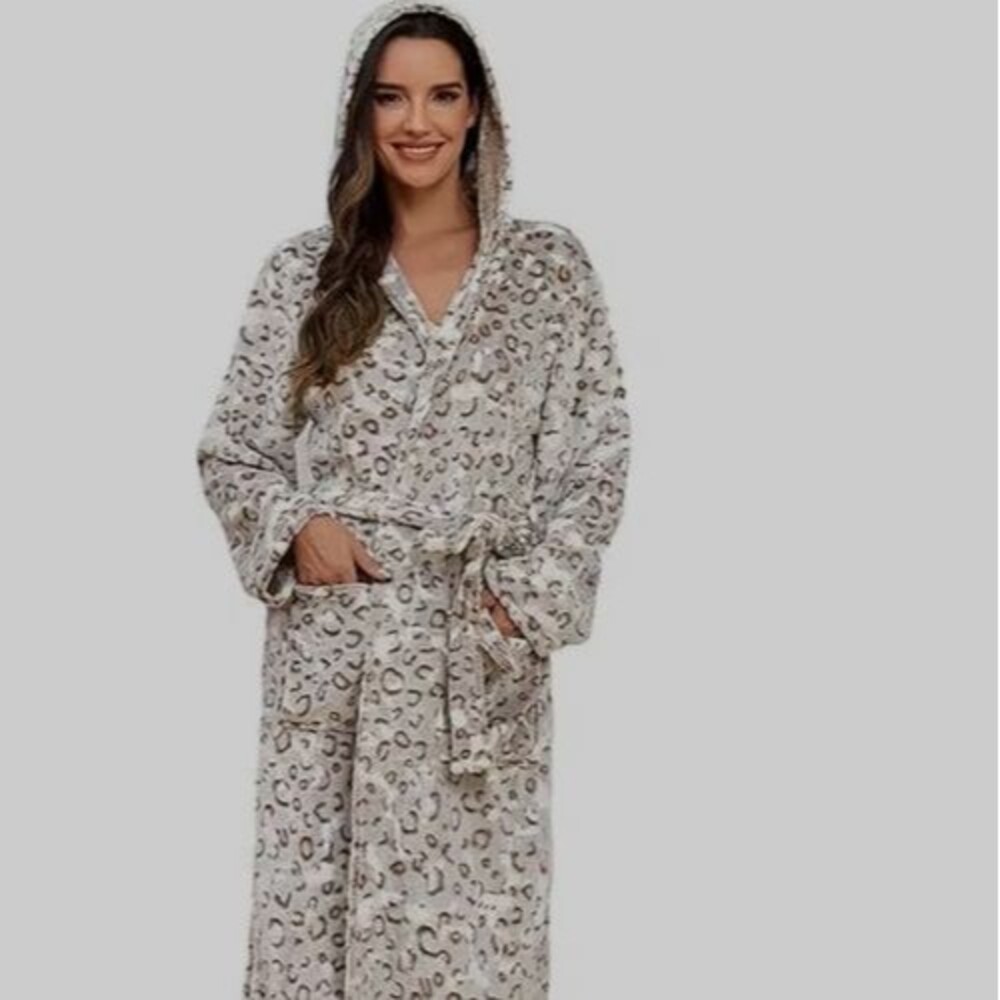 Women 2XL Brown Printed Soft Plush Flannel Hooded Robe Cozy Warm Bathrobe Spa
